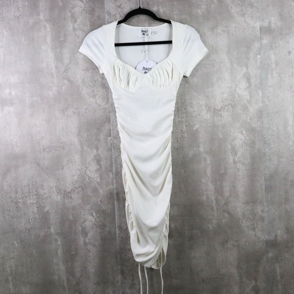 Princess Polly Mini Dress Womens Size 2 White Neive Short‎ Sleeve Ribbed Ruched